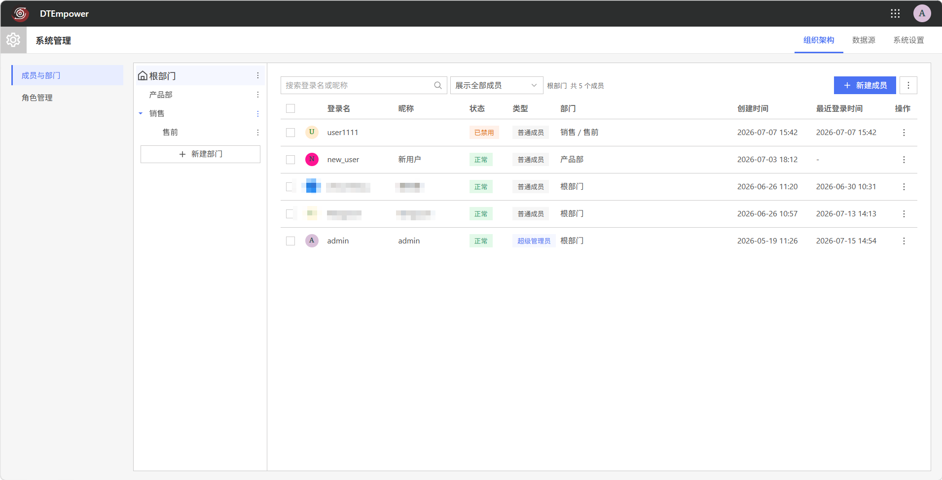 成员与部门页面